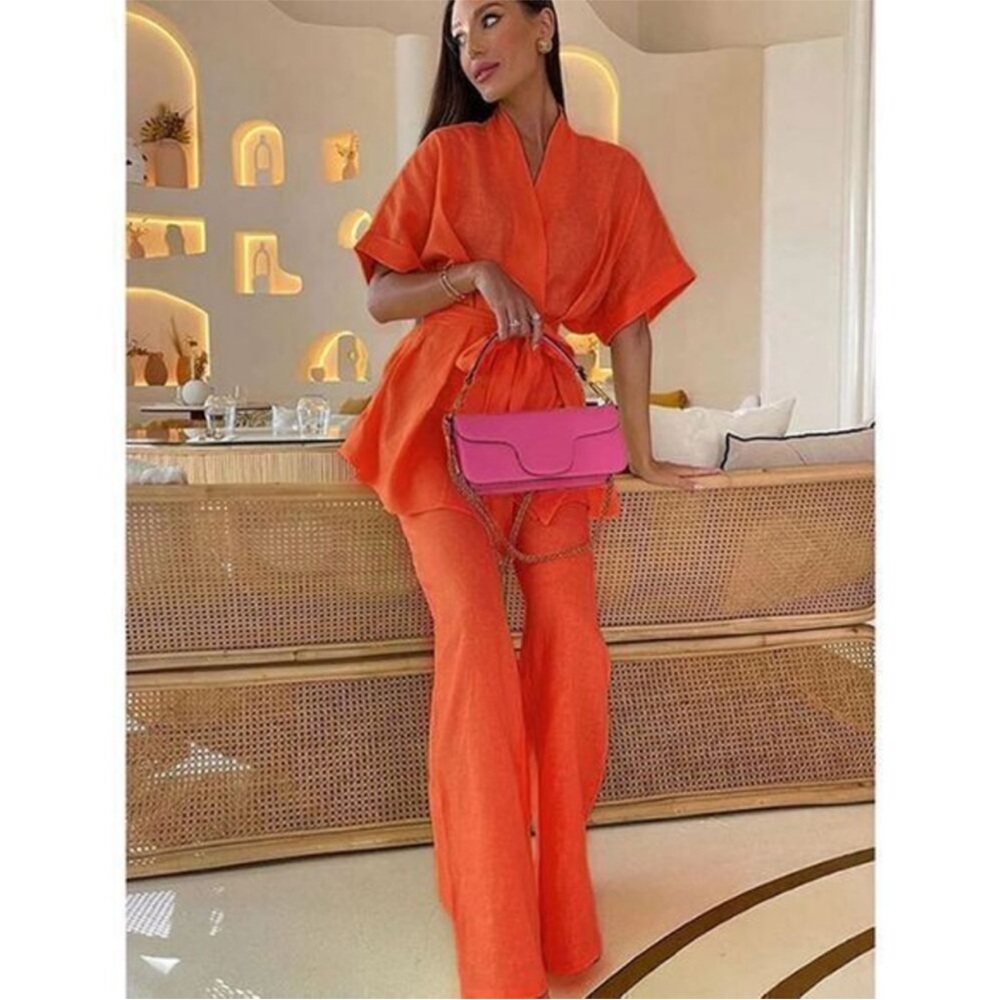 Commense Oversized Linen Tied Two Piece Pants Set - Picture 3 of 8